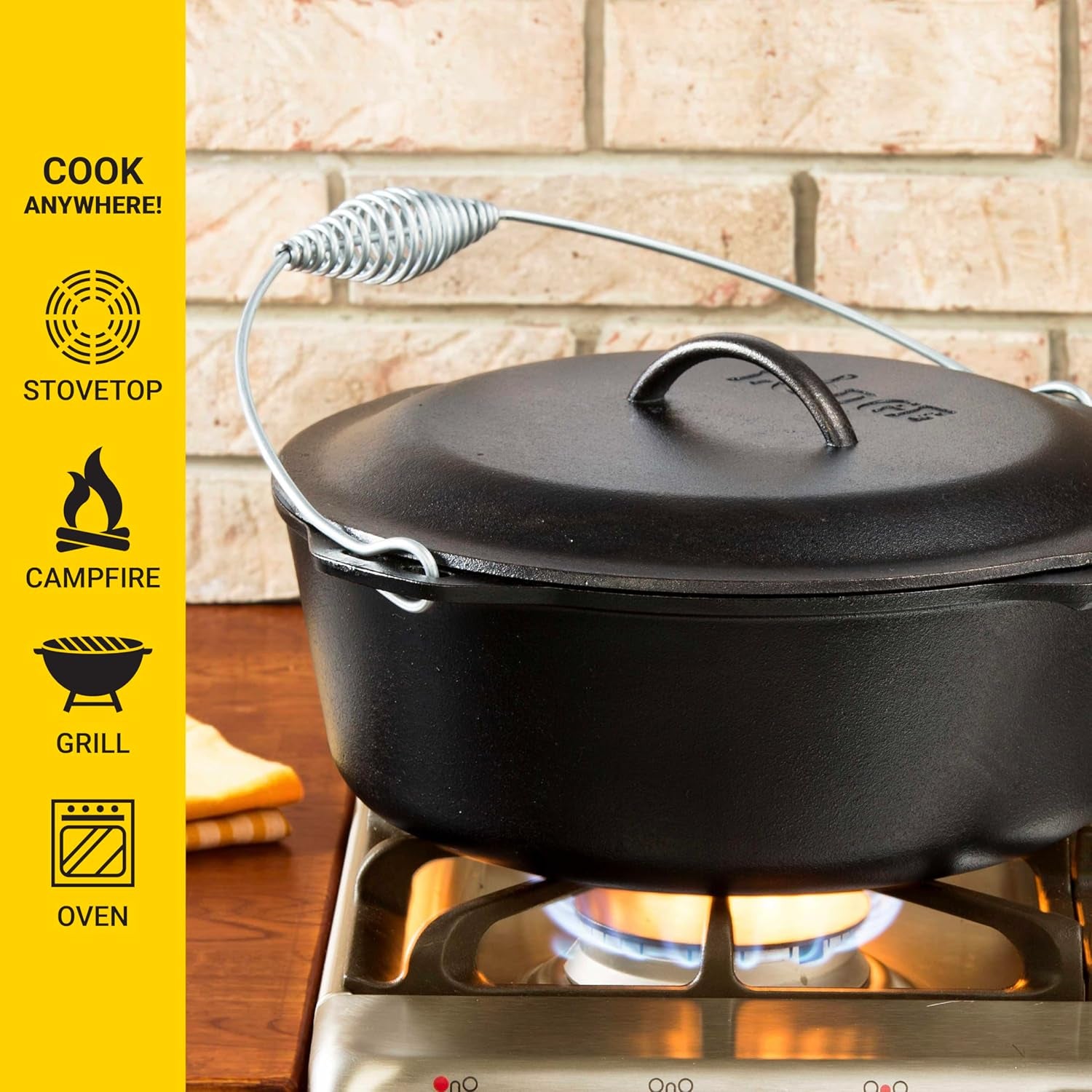 Seasoned Cast Iron Dutch Oven with Bail Handle - Heavy-Duty Campfire Ready Cooking Pot with Lid for Indoor & Outdoor Cooking - 9 Quart