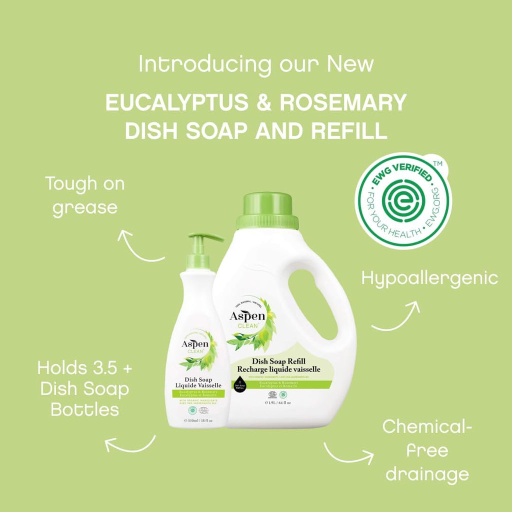 | Dish Soap & Refill | Eucalyptus and Rosemary | Liquid Dishwashing Detergent Soap | Non - Toxic | 100% Natural | EWG Verified | 64 Fl Oz - Refills over 3.5 Standard Soap Bottles