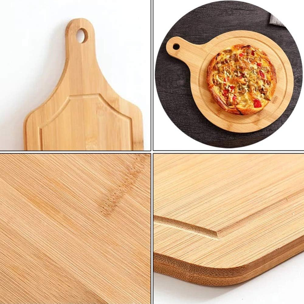 Bamboo Cutting Board Set 3Pcs,Meat Chopping Boards,Pizza Peel Paddle with Handle for Homemade Baking Pizza Bread Cake Fruit Vegetables (3PCS Set- Board)