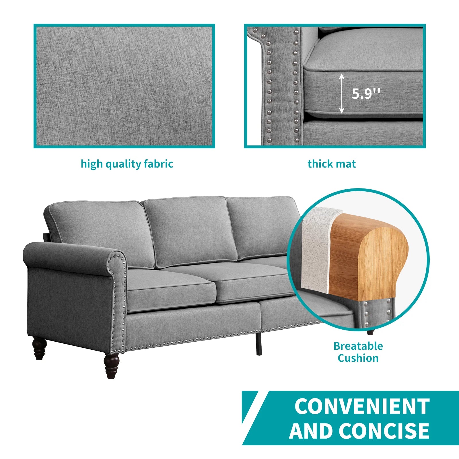 Living Room Furniture Sets with 5.9"Upholstered Cushion, 3-Seater Sofa Couch and Loveseat, Sofa Set for Living Room(Light Grey)
