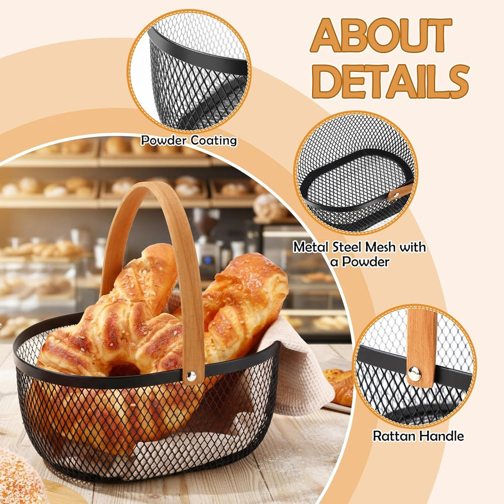 4 Pcs Stackable Metal Mesh Fruit Basket with Lid Oval Wire Mesh Storage Basket with Handle 10 X 7 X 3.9 Inch Stackable Wire Baskets Pantry Organizer for Fruit Vegetable Kitchen, Black