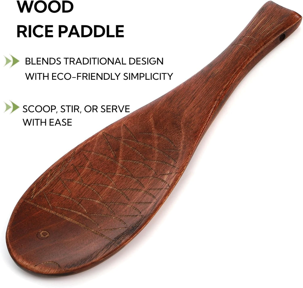 6 Pieces Wood Utensils Set, Nonstick Wood Kitchen Utensils with Japanese Style, Wooden Long Chopsticks, Spatula, Toaster Tong, Long Handle Spoon and Fish-Shaped Rice Spoon for Cooking