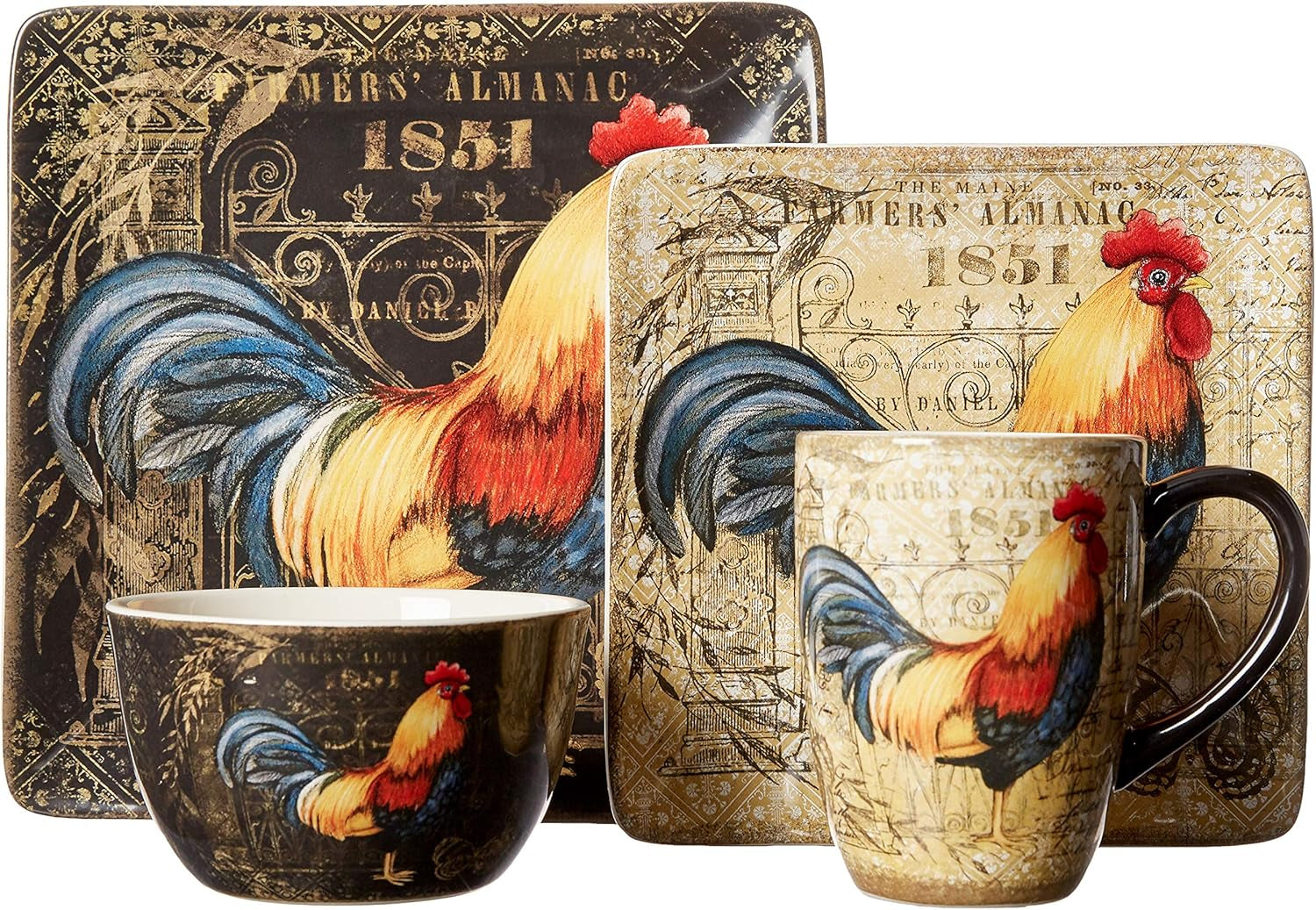Gilded Rooster 16 Pc Dinnerware Set, Service for 4