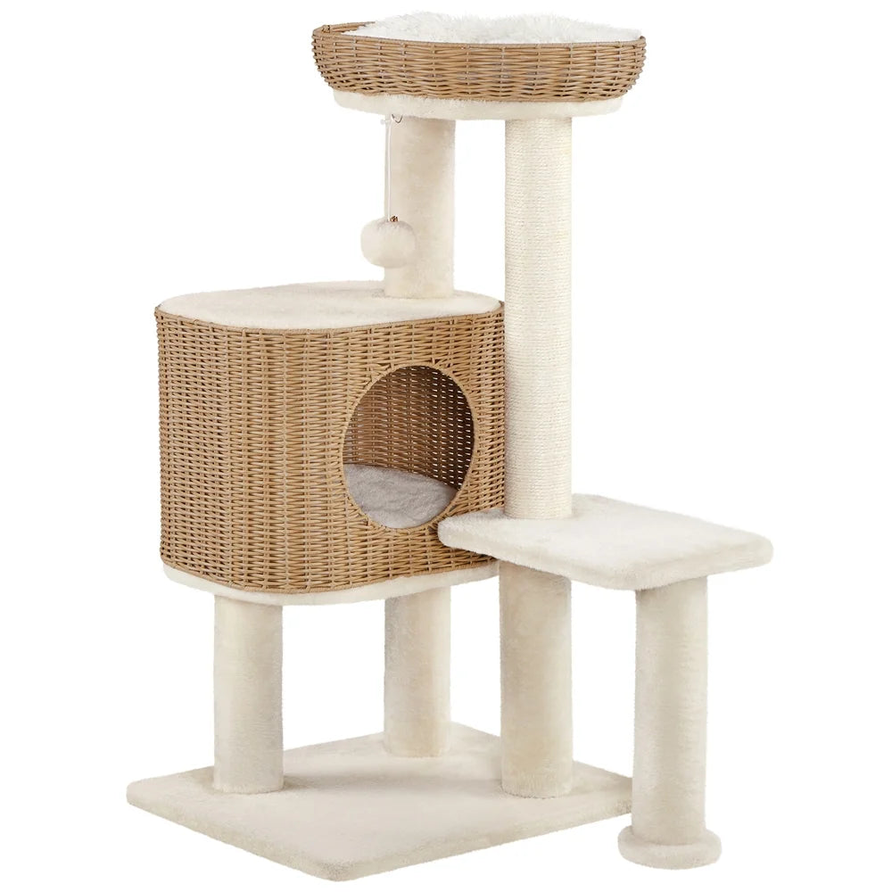 36" Tall Rattan Cat Tree with Natural Sisal Scratching Post, Beige