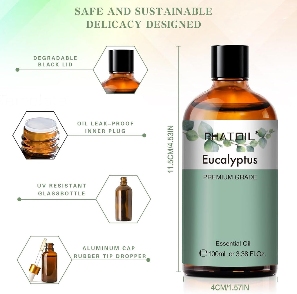 Pure Eucalyptus Essential Oil, 100% Pure Therapeutic Grade Premium Oil for Hair Care, Skin, Aromatherapy 3.38Fl Oz