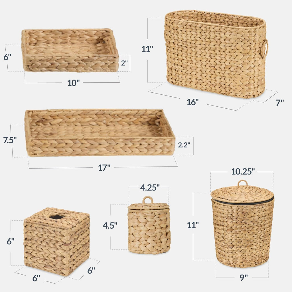 Best Choice Products 6PC Bathroom Accessories Set, Vanity Trays, Qtip Canister, Square Tissue Box Cover, Small Wicker Trash Can, Toilet Paper Basket, Storage Organizer, Water Hyacinth - Natural