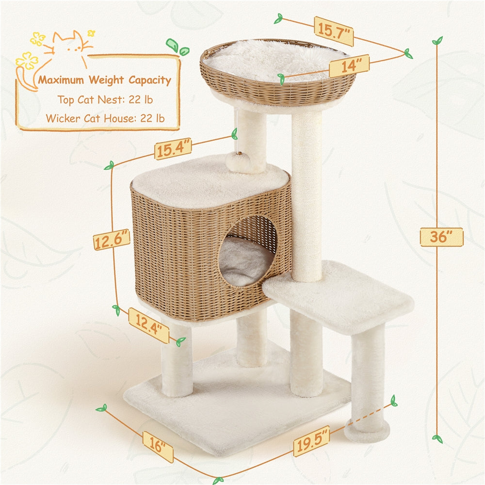 36" Tall Rattan Cat Tree with Natural Sisal Scratching Post, Beige
