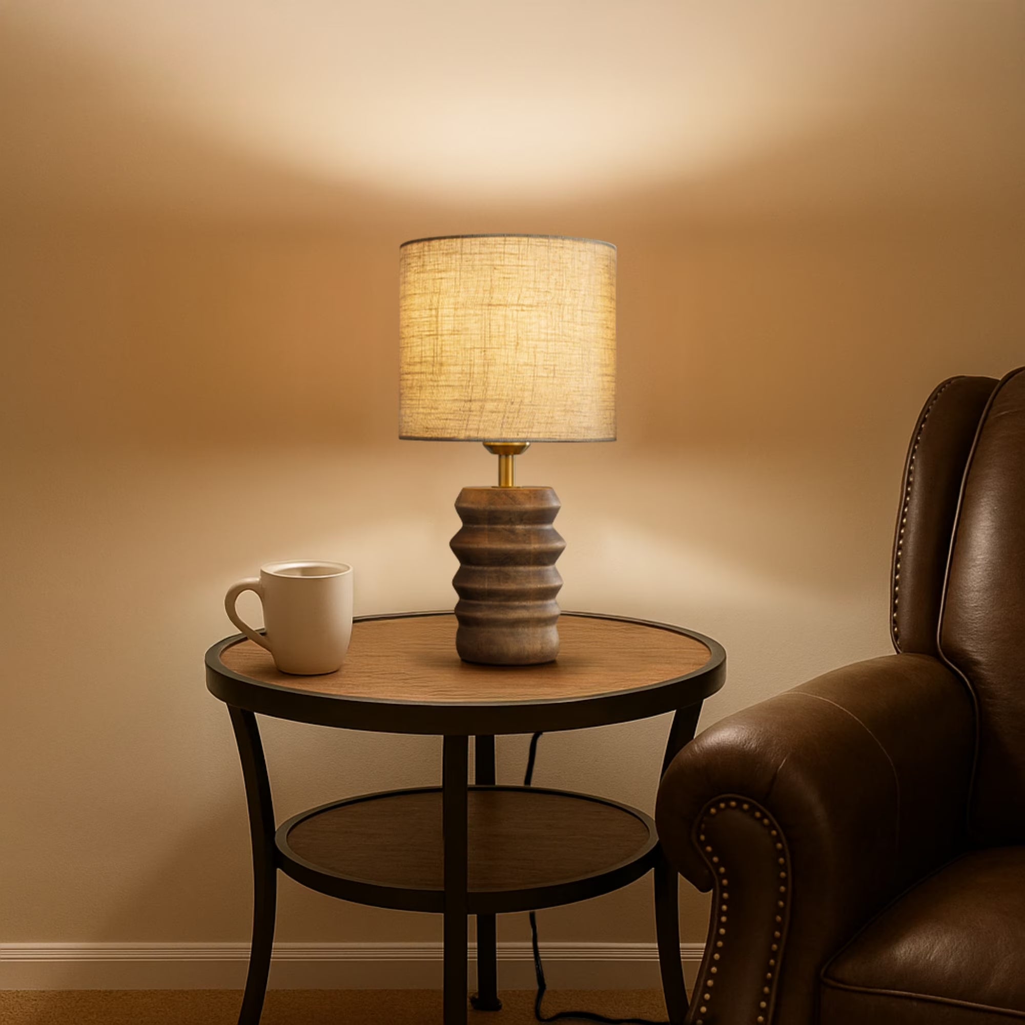 15'' Japandi Solid Wood Base Table Lamp Modern Classic Nightstand Lamp with Beige Fabric Shade for Bedside Foyer Dining Room