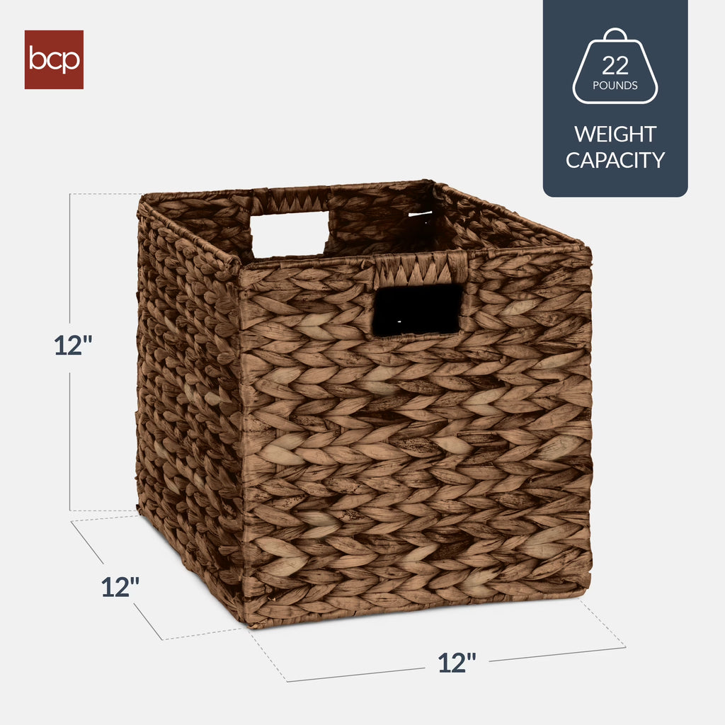 12X12In Hyacinth Baskets, Set of 5 Multipurpose Collapsible Organizers W/ Inserts - Brown