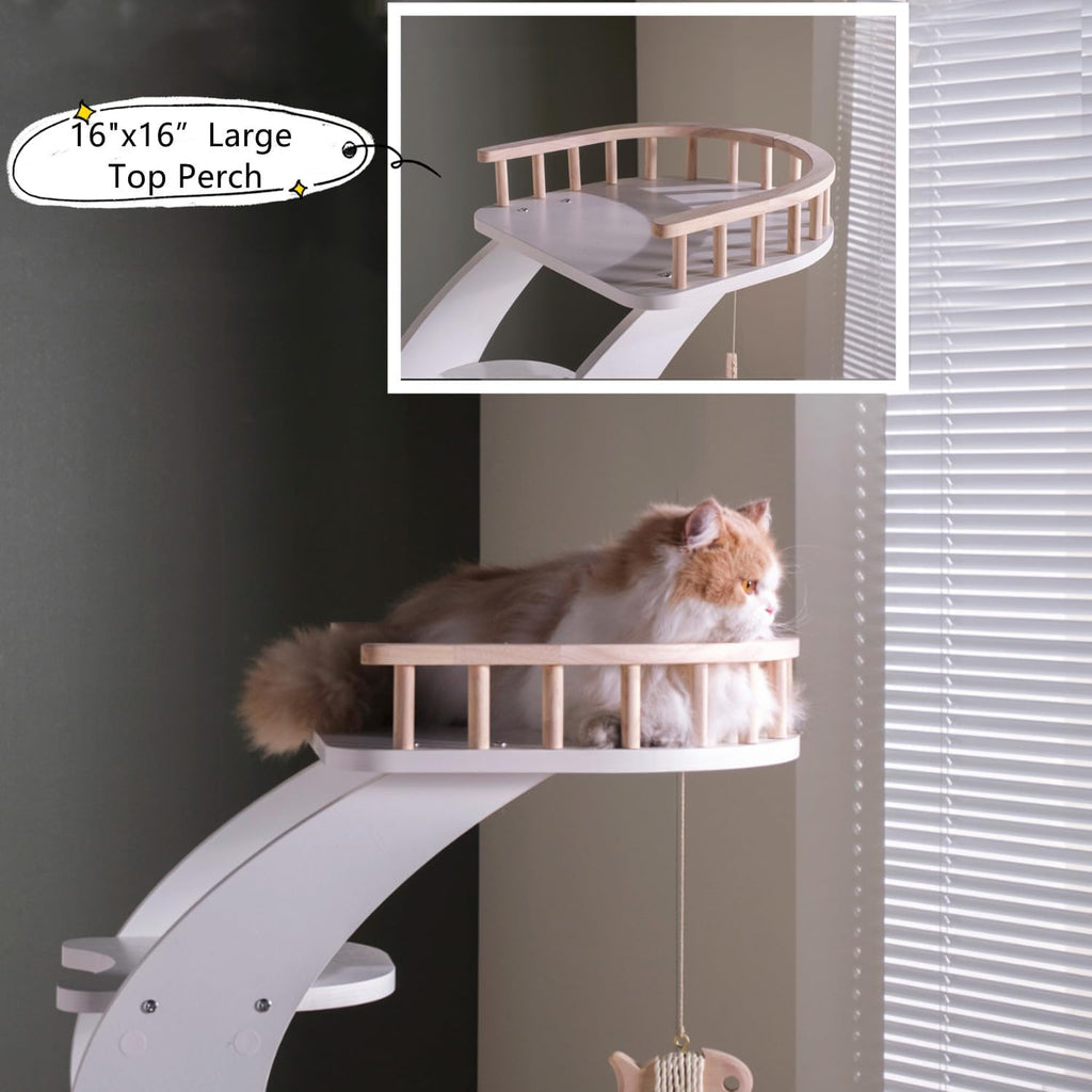 Modern Stylish 52.4 Inches Tall Wooden Cat Tree Tower, Aesthetic Cat Condo Ladder with 5-Level Big Perch Platform Bed for Window Viewing Watching Large Cat Maine Coon