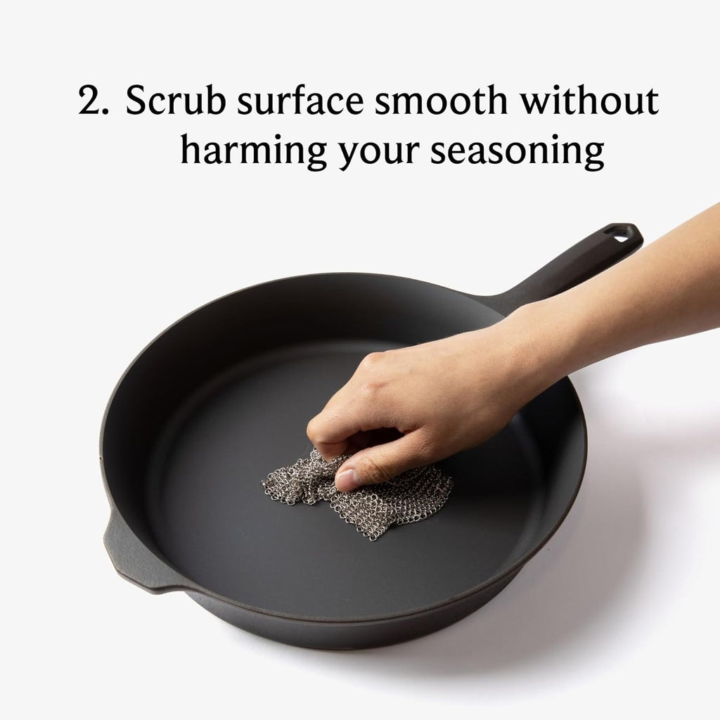 Cast Iron Care Kit – Chain Mail Scrubber, Natural Fiber Brush & Seasoning Oil for Cleaning & Conditioning Cast Iron