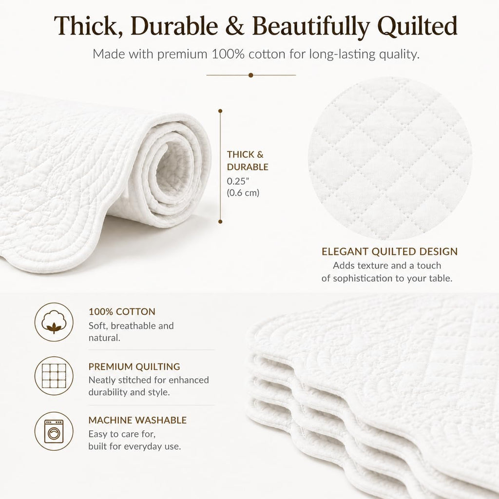 Quilted Cotton Placemats Set of 4 with Matching Napkins – Seasonal Table Linen Collection, Warm Ivory (All Season Base)