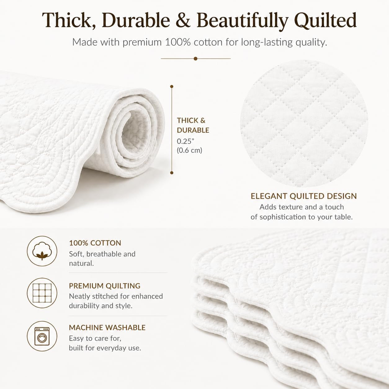 Quilted Cotton Placemats Set of 4 with Matching Napkins – Seasonal Table Linen Collection, Warm Ivory (All Season Base)
