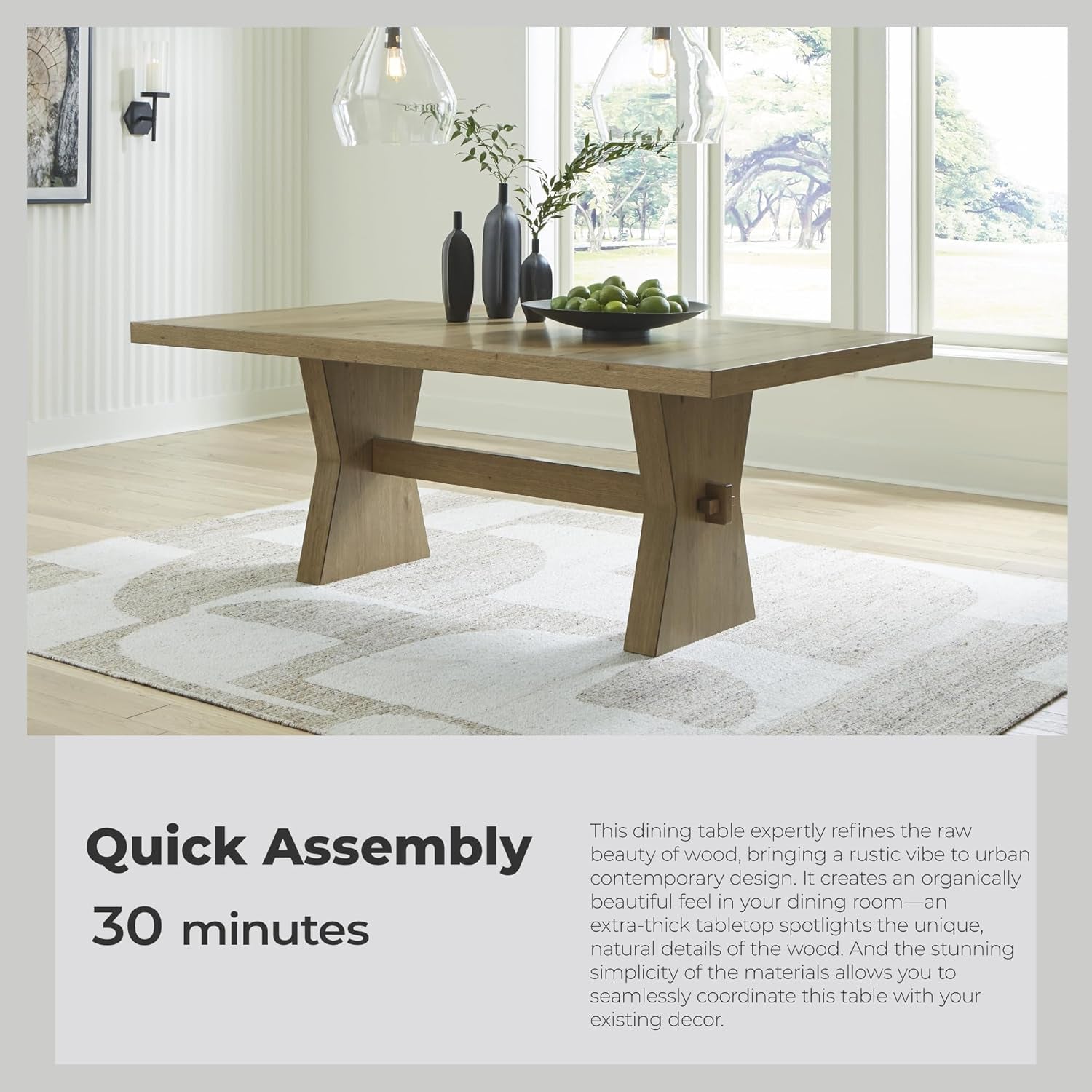 Signature Design by Ashley Galliden Farmhouse Dining Table with Extra-Thick Tabletop and Trestle Base, Light Brown