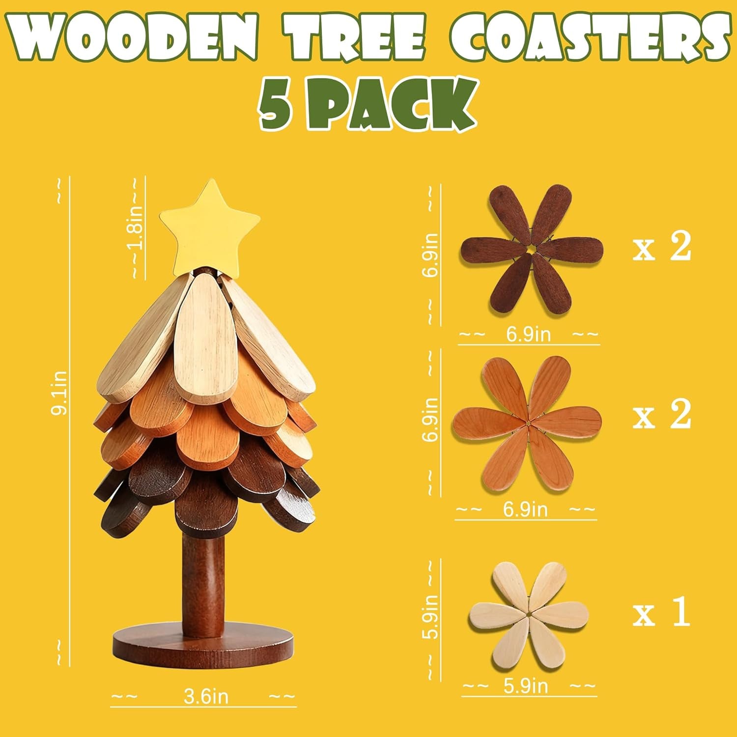 Wooden Christmas Tree Trivet Set of 5 + Stand, Foldable Heat Resistant Wood Mats for Hot Dishes & Pots, Decorative Kitchen Table Countertop Protector, Holiday Home Decor & Housewarming Gift