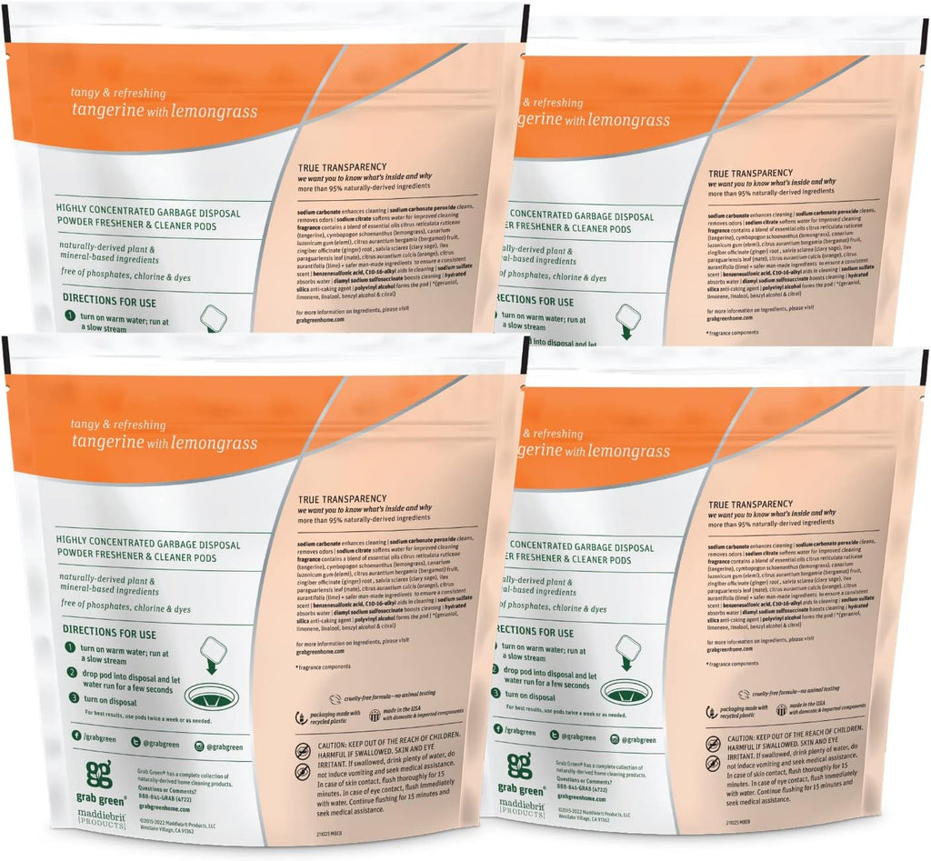 Naturally-Derived, Tangerine with Lemongrass, 12 Pods (4-Pack), Mineral-Based Garbage Disposal Cleaner & Freshener