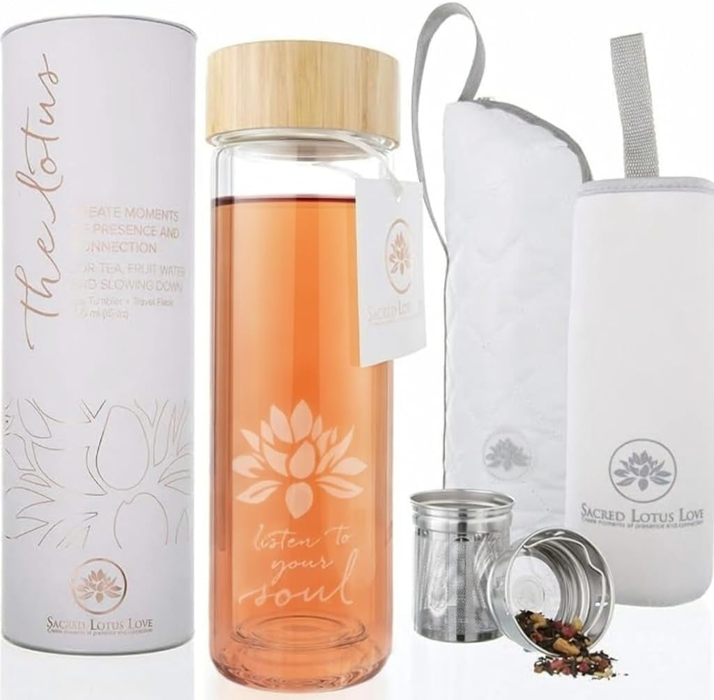 Double-Walled Glass Tea Tumbler with Infuser and Strainer 15Oz - Perfect for Loose Leaf Tea, Cold or Hot Water Bottle, Fruit Drinks - Comes with Travel Sleeve and Cozy