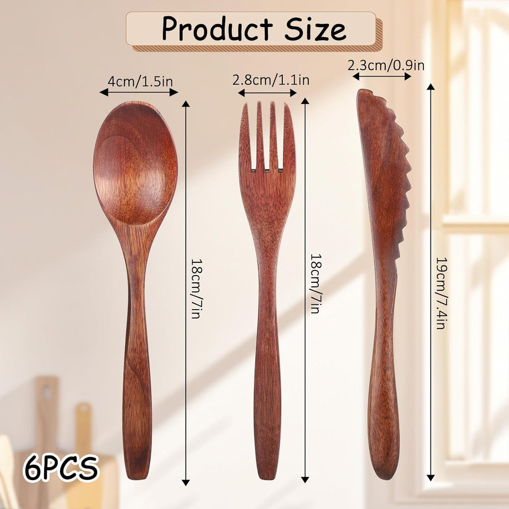 6 Pcs Wooden Utensils for Eating, Wooden Spoon Fork Cutlery Set Kitchen Wood Din