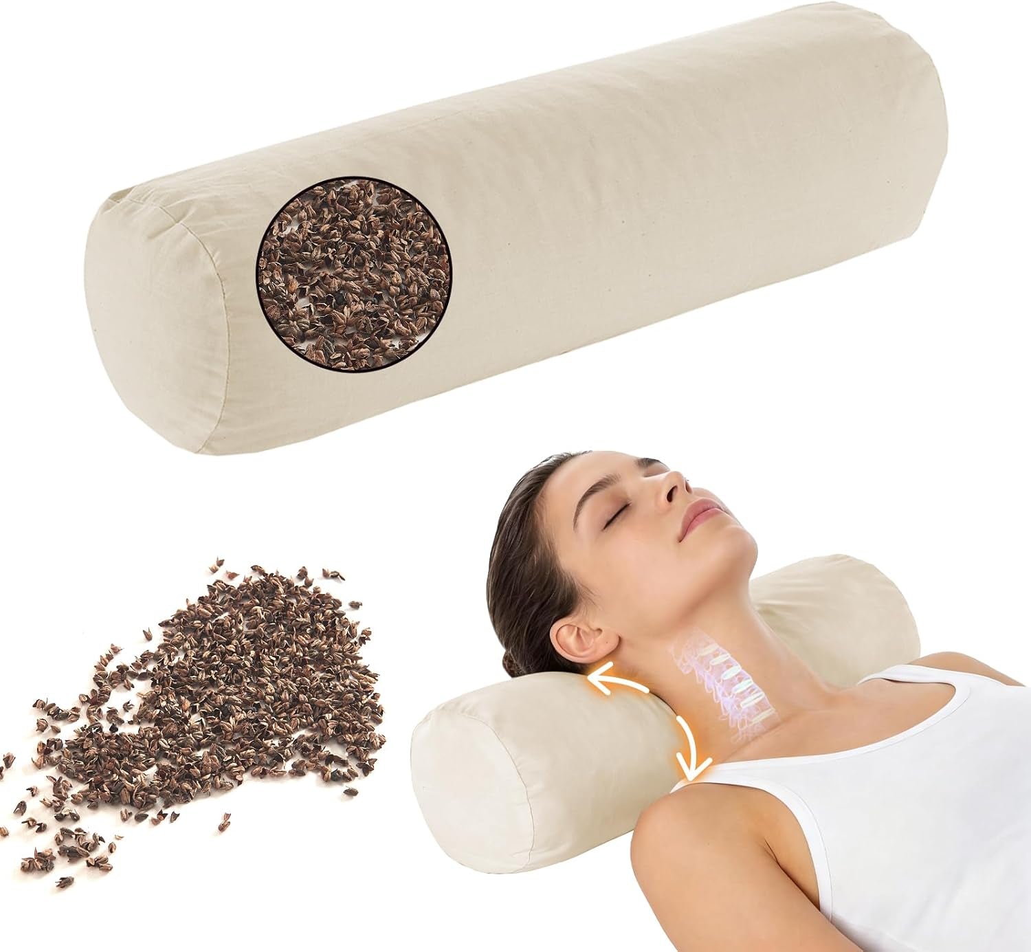 Buckwheat Pillow - Adjustable Buckwheat Neck Pillow(17X6) to Provide Firm Support, Neck Roll Pillows for Side and Back Sleepers, Cylinder Bolster Pillows with Organic Pillowcase
