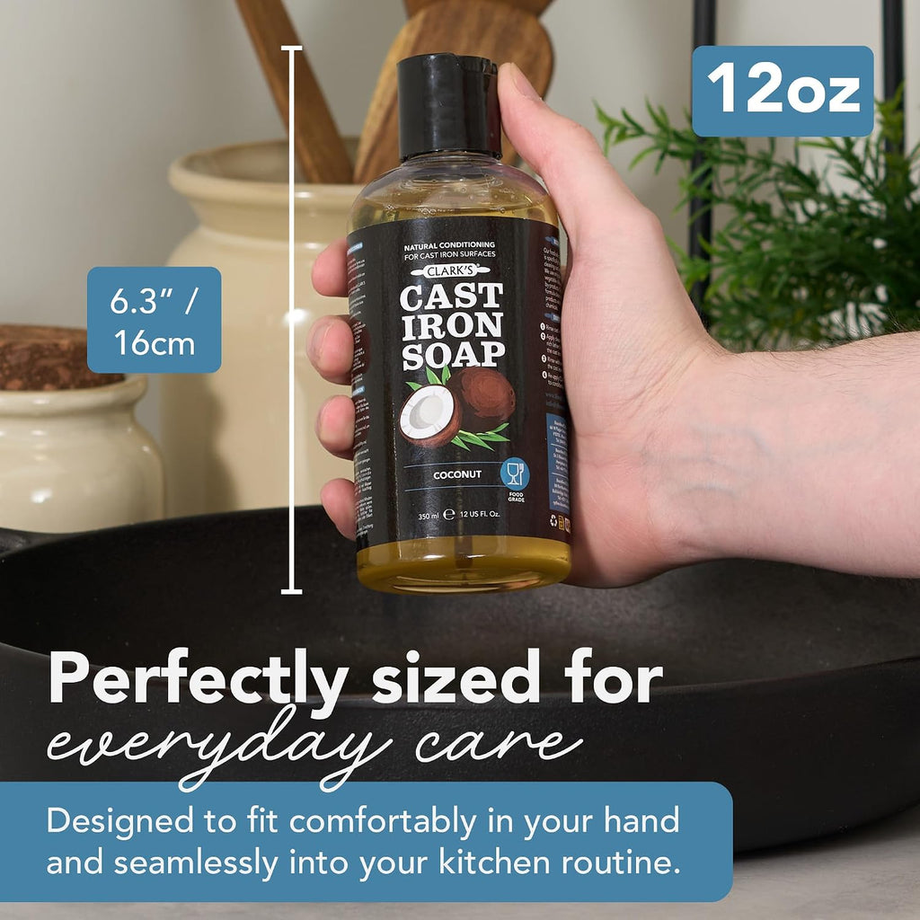 Cast Iron Cleaner 12 Oz, Made in USA, Plant Based Coconut Cast Iron Soap for Skillets, Griddles Etc. - Protects, and Restores Cookware