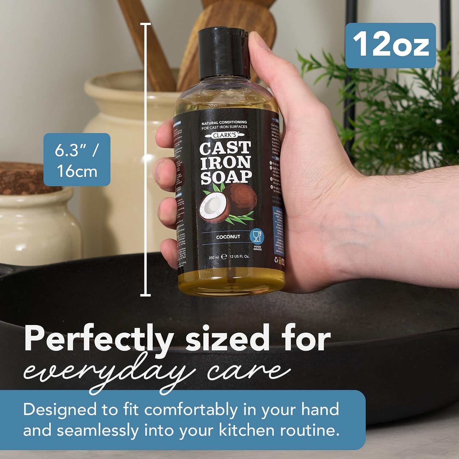 Cast Iron Cleaner 12 Oz, Made in USA, Plant Based Coconut Cast Iron Soap for Skillets, Griddles Etc. - Protects, and Restores Cookware