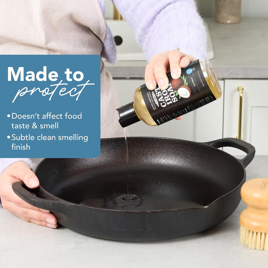 Cast Iron Cleaner 12 Oz, Made in USA, Plant Based Coconut Cast Iron Soap for Skillets, Griddles Etc. - Protects, and Restores Cookware