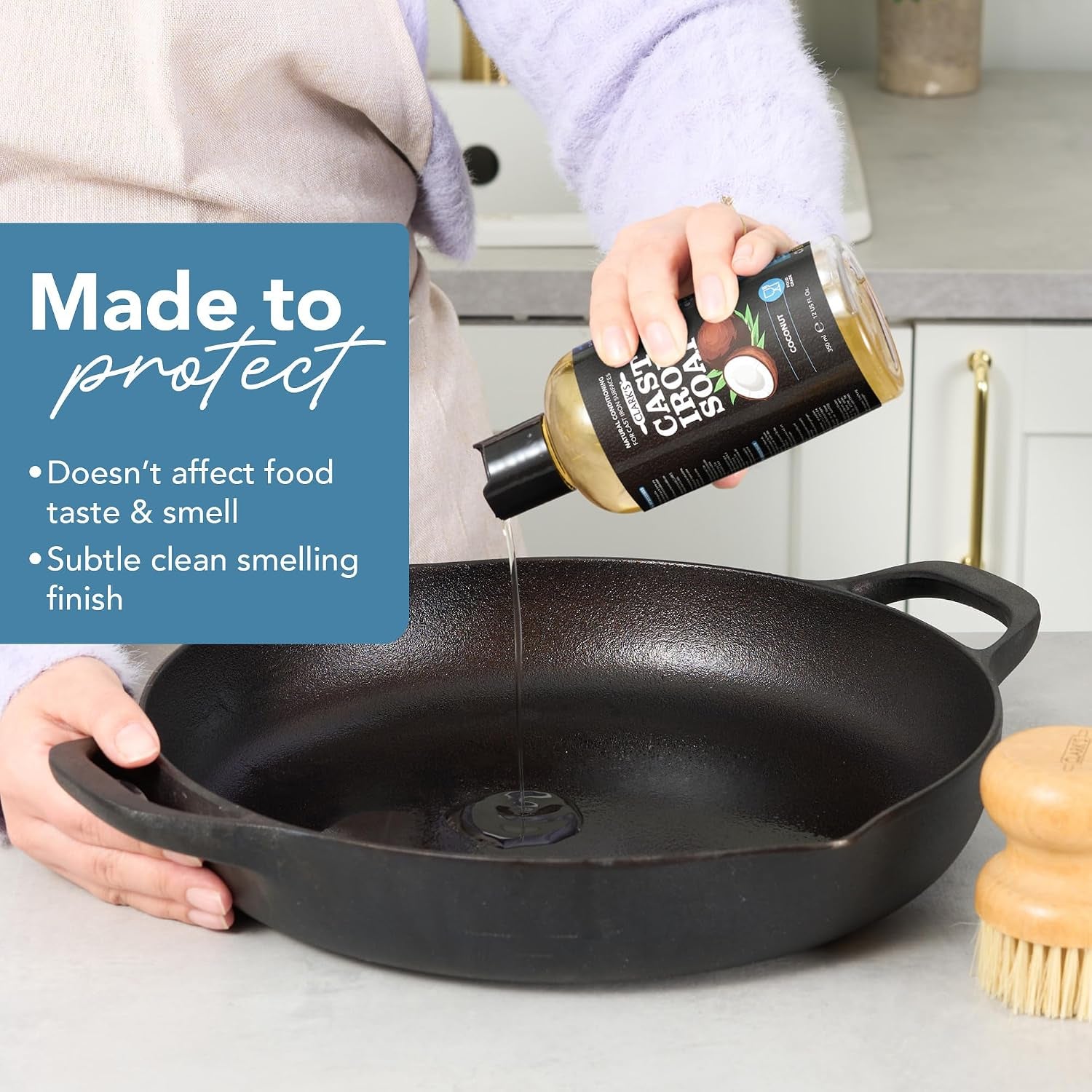 Cast Iron Cleaner 12 Oz, Made in USA, Plant Based Coconut Cast Iron Soap for Skillets, Griddles Etc. - Protects, and Restores Cookware