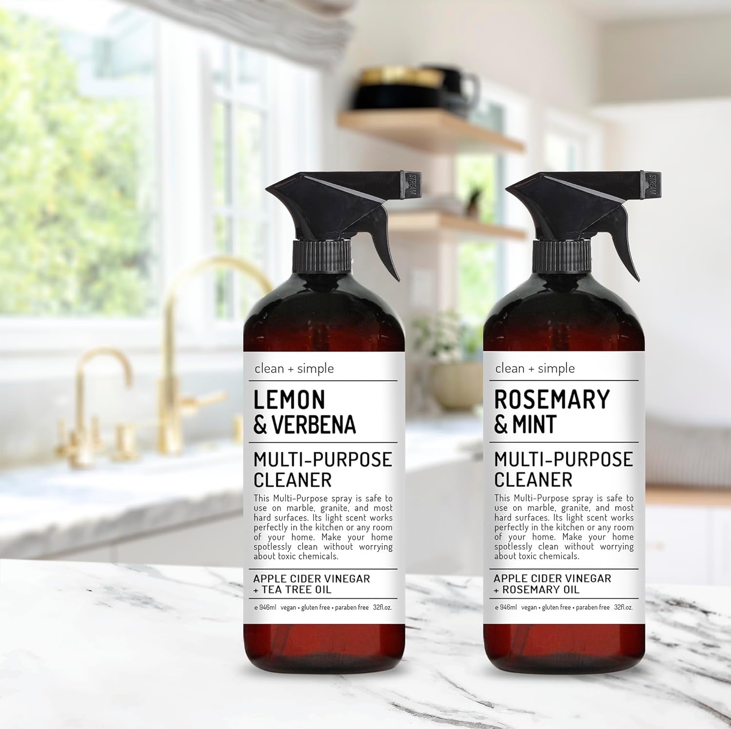 Clean + Simple Multi Purpose Cleaners | with Apple Cider Vineager, Rosemary, and Tea Tree Oil | Set of 4 32Oz Bottles | Home and Body Company