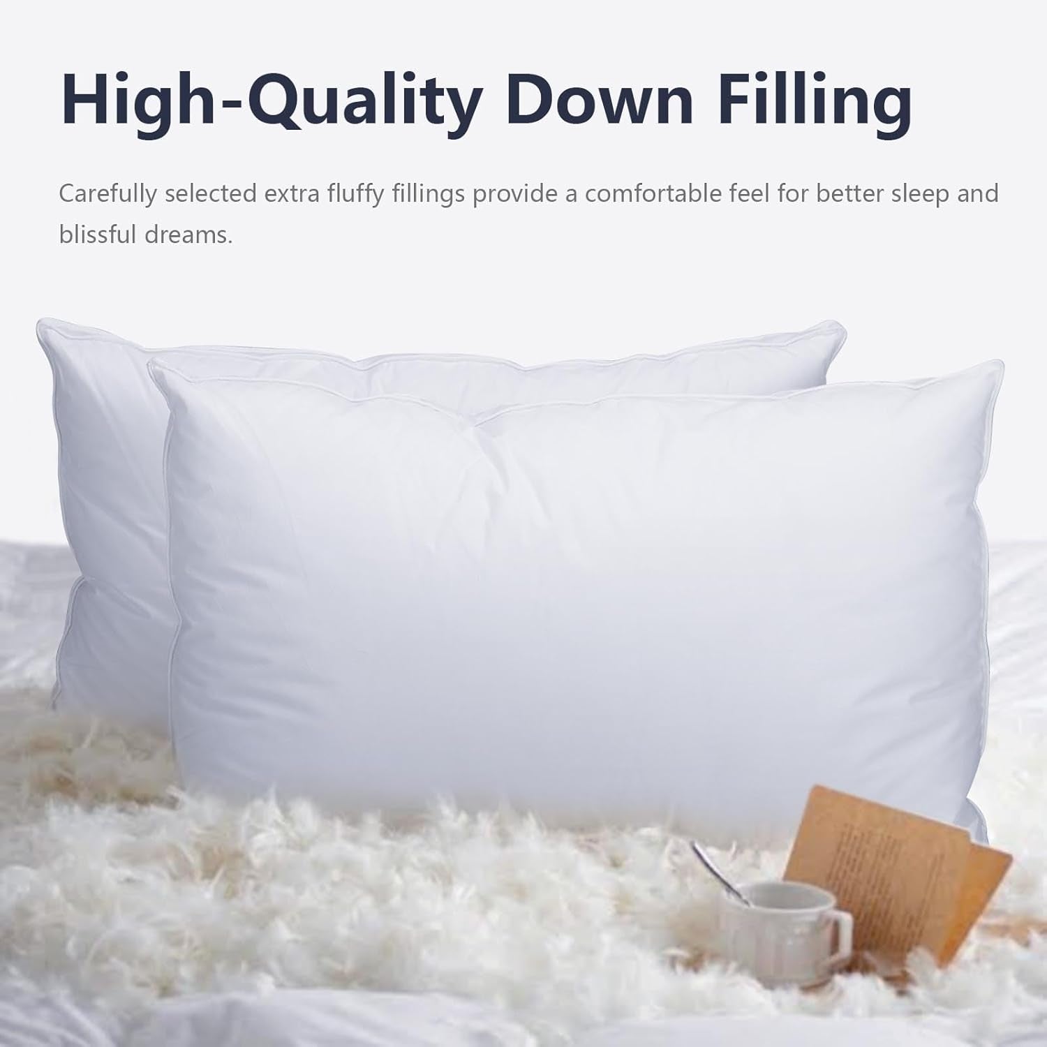 Queen Size Goose down Pillows Set of 2 - Hypoallergenic Bed Pillows 500 Fill Power with 100% Cotton Cover, Medium Firm Support