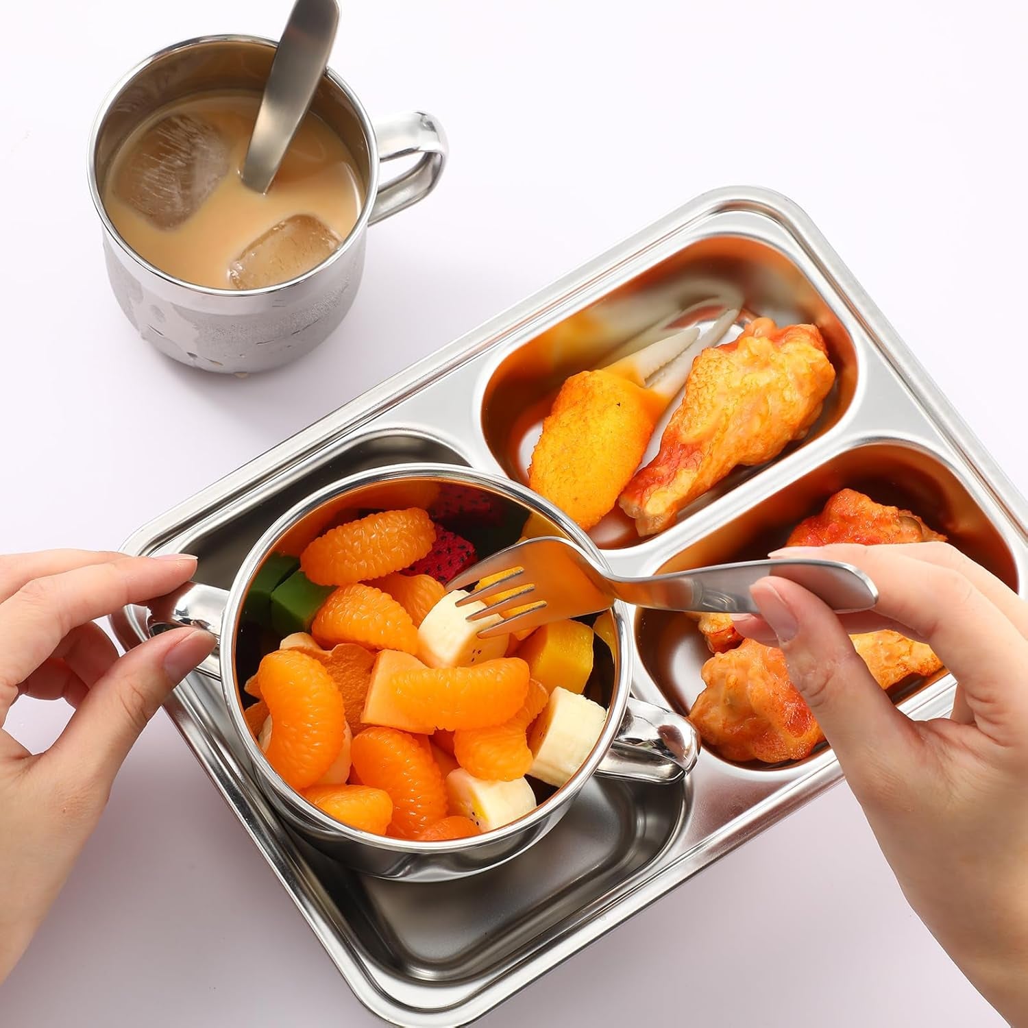 15 Pcs 304 Stainless Steel Kids Dinnerware Set Unbreakable Non-Toxic Plates and Bowls Set Divided Plates Cups Bowls Forks and Spoons 3 Compartment Dinner Dish for Babies Toddlers and Kids