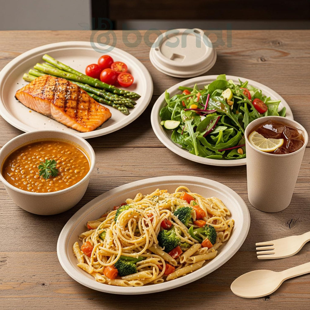 10 Inch & 7 Inch round Plates, 10 Inch Oval Plates, 32 Oz Bowls & 8 Oz Cups with Lidss & Cutlery – 100% Plant-Based Bagasse, Eco-Friendly, Compostable, Microwave Safe, Durable Dinnerware Set