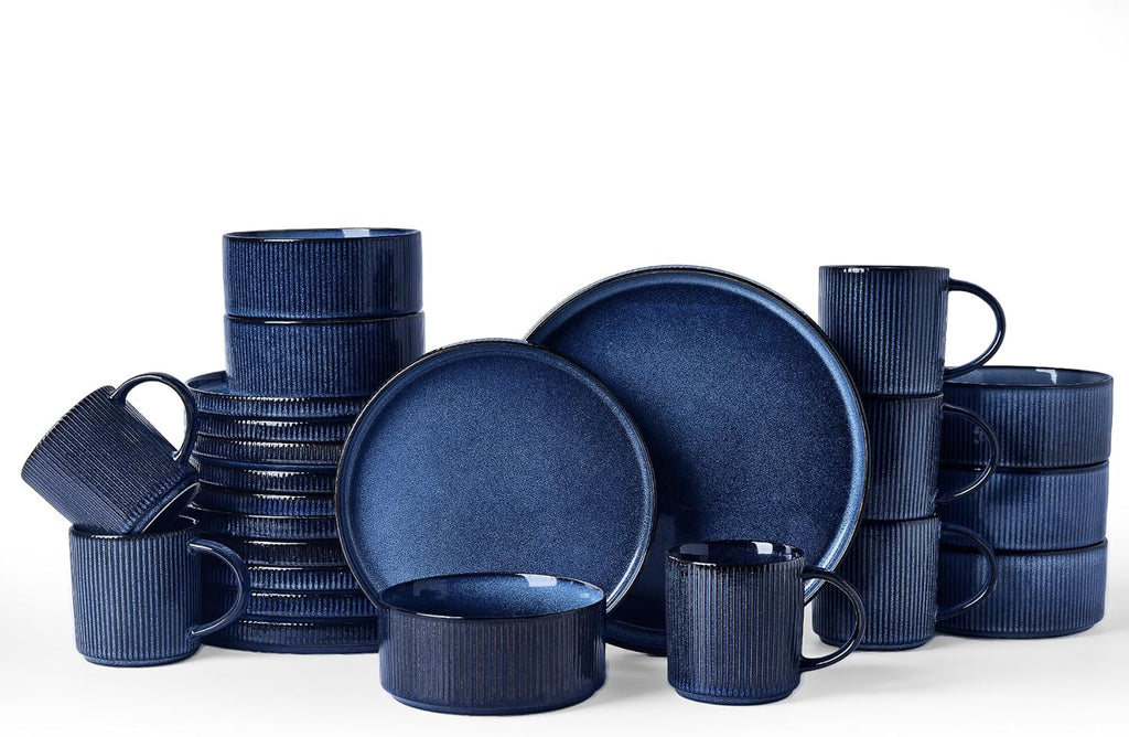 Star 24-Piece Stoneware Dinnerware Sets, Service for 6 - Reactive Glaze Mugs, Plates and Bowls, Dishes for Everyday/Formal Use, Chip/Scratch Resistant, Microwave/Dishwasher Safe, Nebulas Blue