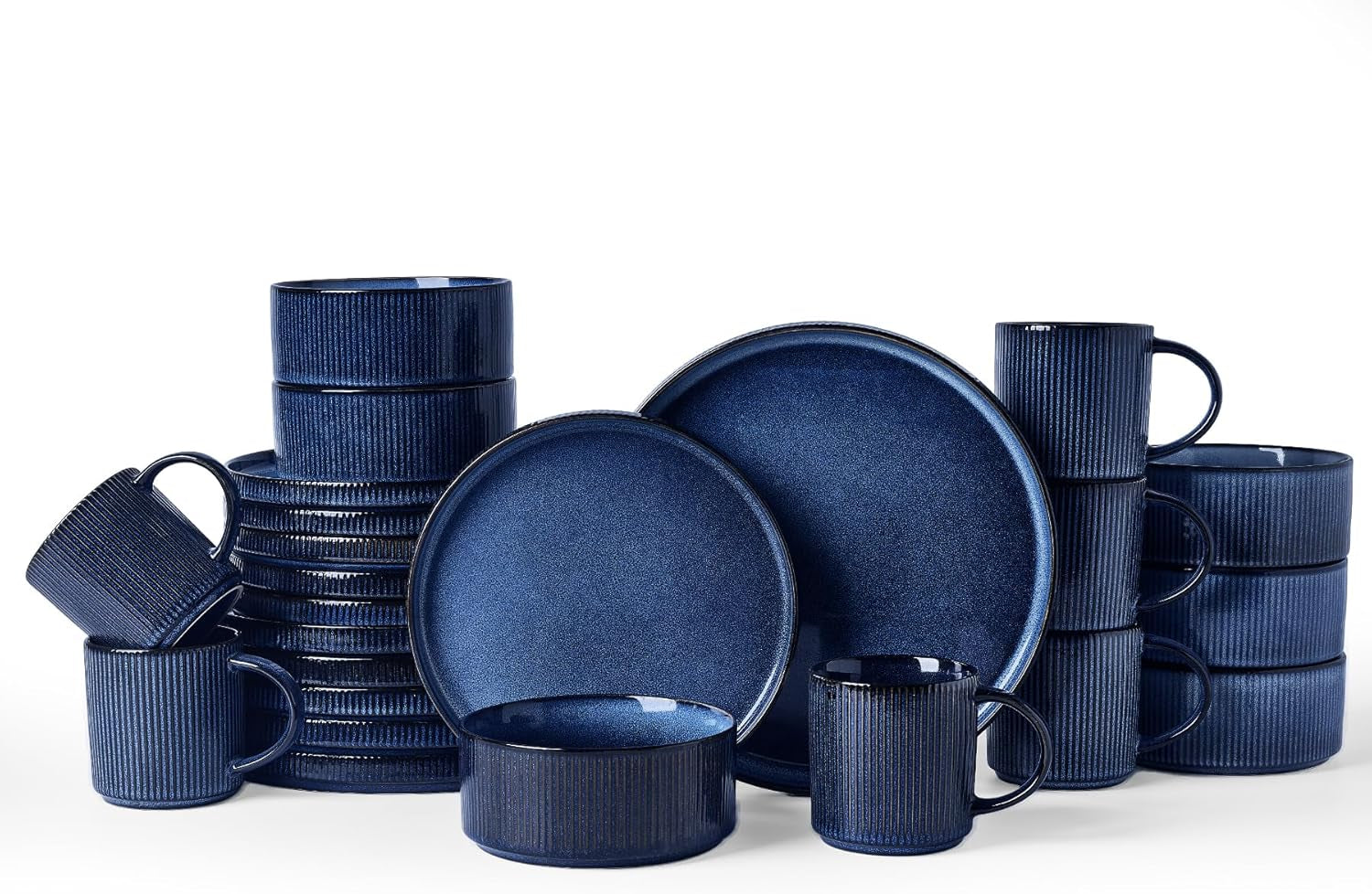 Star 24-Piece Stoneware Dinnerware Sets, Service for 6 - Reactive Glaze Mugs, Plates and Bowls, Dishes for Everyday/Formal Use, Chip/Scratch Resistant, Microwave/Dishwasher Safe, Nebulas Blue