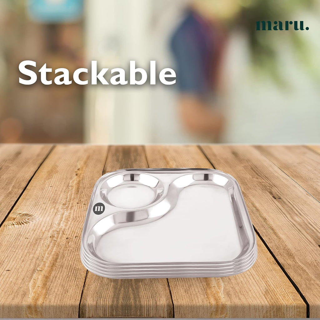 Stainless Steel Dinner Plates with 2In1 Compartment Section Set of 6, Durable & Large Bhojan Thali Plates, Perfect for Breakfast, Lunch & Dinner, Ideal for Serving Indian Meals – Lightweight