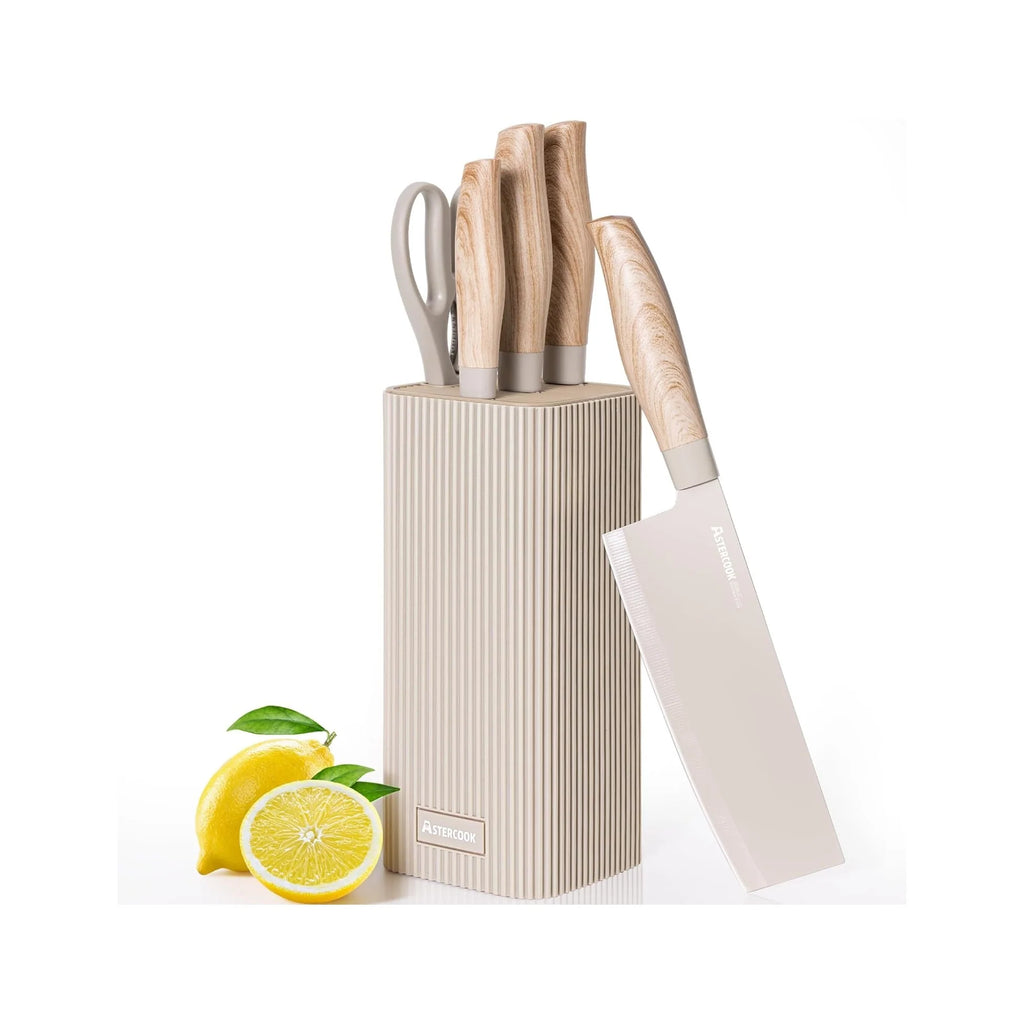 Knife Set, 6-Piece Kitchen Knife Set with Block, High Carbon Stainless Steel Ultra Sharp Kitchen Knives, Wood Grain Handle, Dishwasher Safe Knife Block Set, Khaki