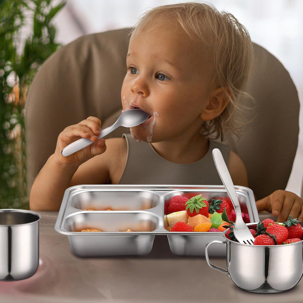 15 Pcs 304 Stainless Steel Kids Dinnerware Set Unbreakable Non-Toxic Plates and Bowls Set Divided Plates Cups Bowls Forks and Spoons 3 Compartment Dinner Dish for Babies Toddlers and Kids
