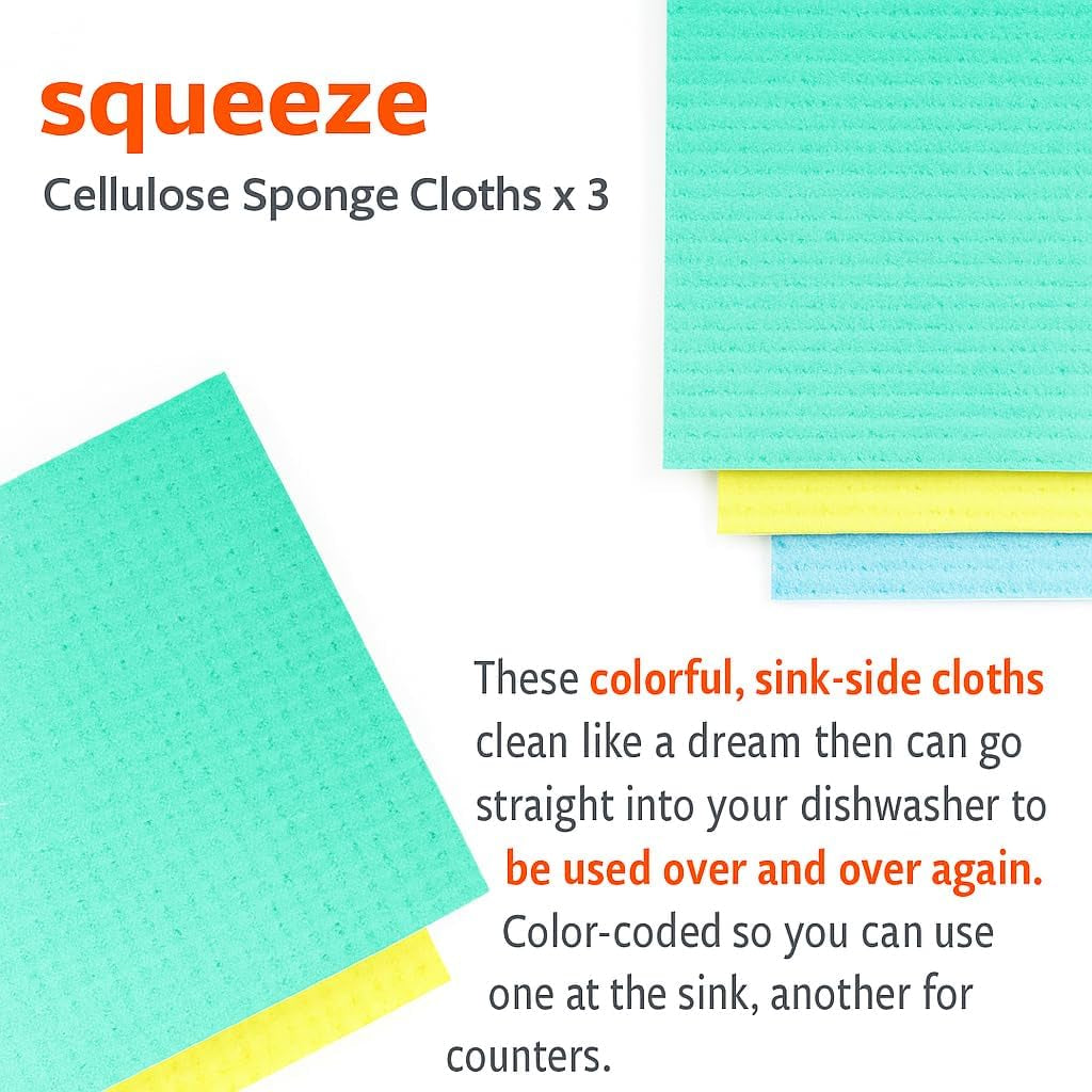 Totally Plant-Based Sponge Cloths - Cellulose Sponge Cloths, Super Absorbent Dish Towels, Reusable Paper Towel Alternative, 100% Natural Plant-Based, 3-Pack, Multicolor