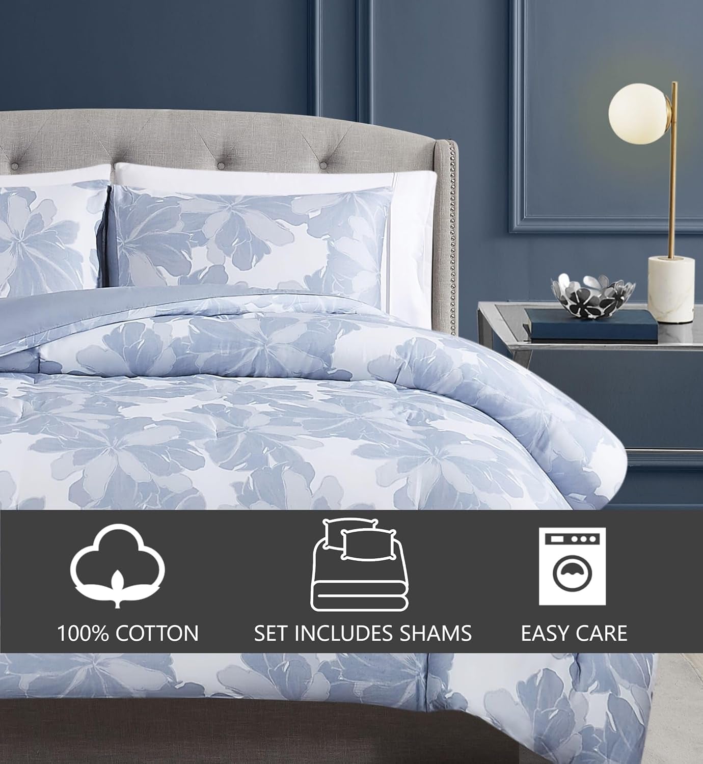 Vince Camuto Organic Floral 100% Cotton 3 Piece Full/Queen Comforter Set in Blue, All Season, Adult Size, Oeko-Tex Certified