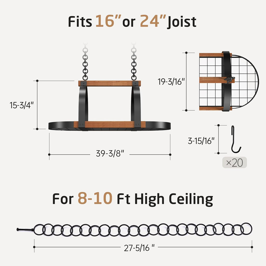 Natural Solid Wood 39 Inch Large Hanging Pot Rack, 130 LBS Capacity Heavy Duty Oval Pot and Pan Hanging Rack Ceiling Mount, Pot Pan Hangers Organizer for Kitchen, 20 Hooks (For 16" and 24" Joist)