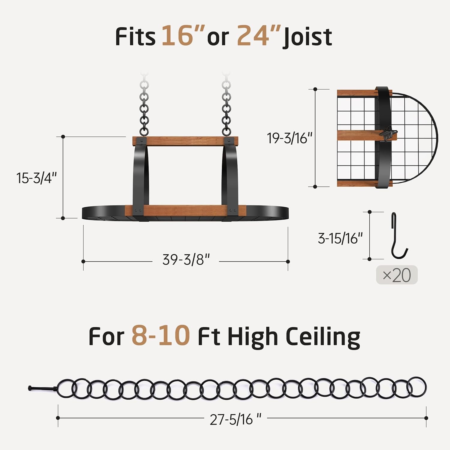 Natural Solid Wood 39 Inch Large Hanging Pot Rack, 130 LBS Capacity Heavy Duty Oval Pot and Pan Hanging Rack Ceiling Mount, Pot Pan Hangers Organizer for Kitchen, 20 Hooks (For 16" and 24" Joist)
