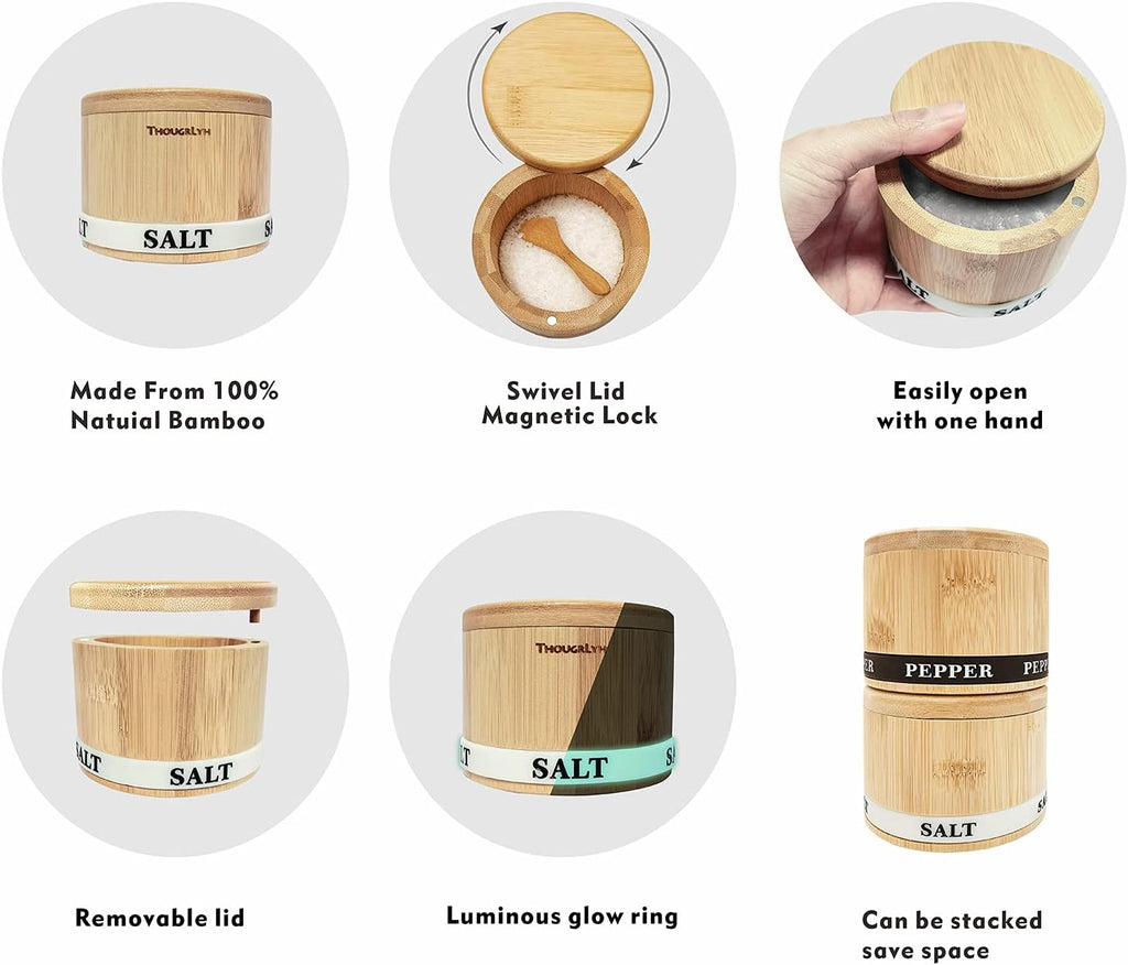 Bamboo Salt and Pepper Box with Swivel Lid and 2 Spoons - 13OZ
