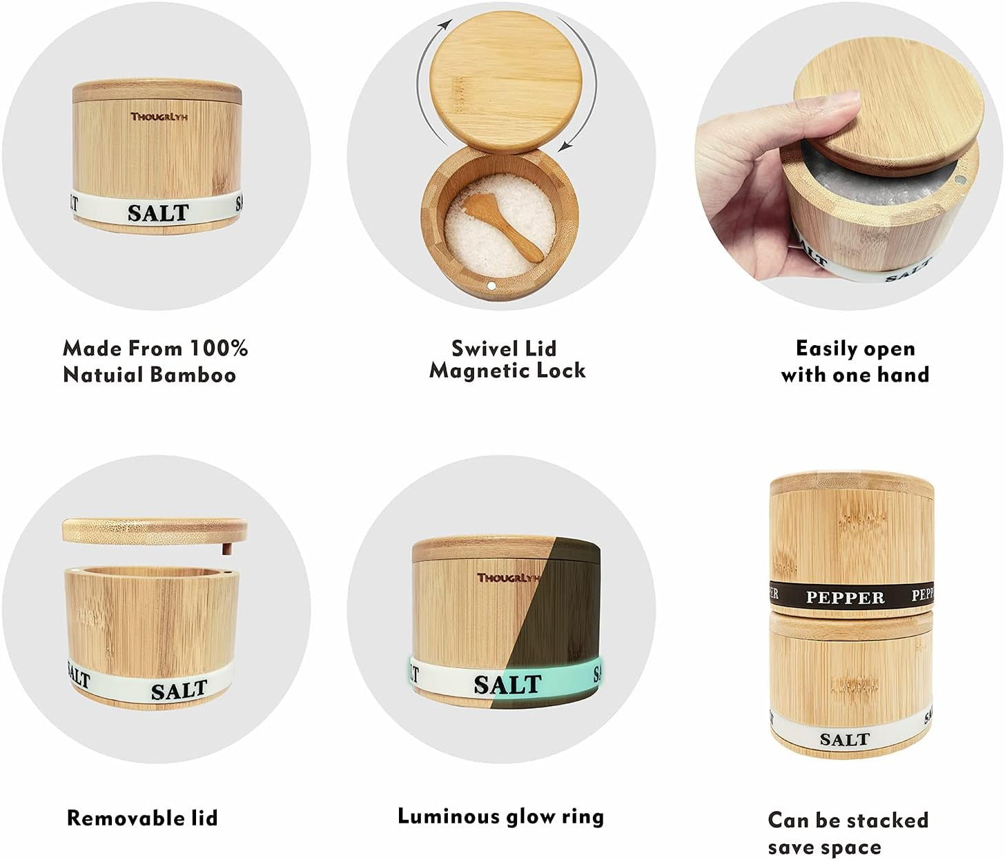 Bamboo Salt and Pepper Box with Swivel Lid and 2 Spoons - 13OZ