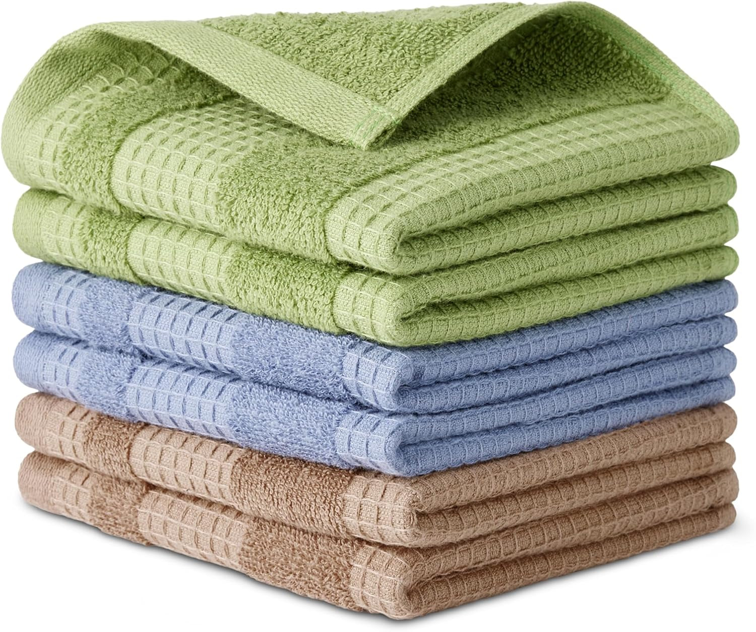 Organic Cotton Waffle Kitchen Dish Cloths, Ultra Absorbent, Quick Drying, Lint-Free, 12 X 12 Inches, 6-Pack (2 Brown, 2 Green, 2 Navy)