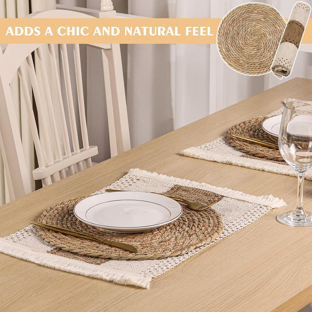 12 Pcs Handmade Boho Placemats Set of 6 Table Mats for Kitchen Dining Table Farmhouse Centerpiece Decor Natural Cotton Burlap and Water Straw Woven Combination Place Mats