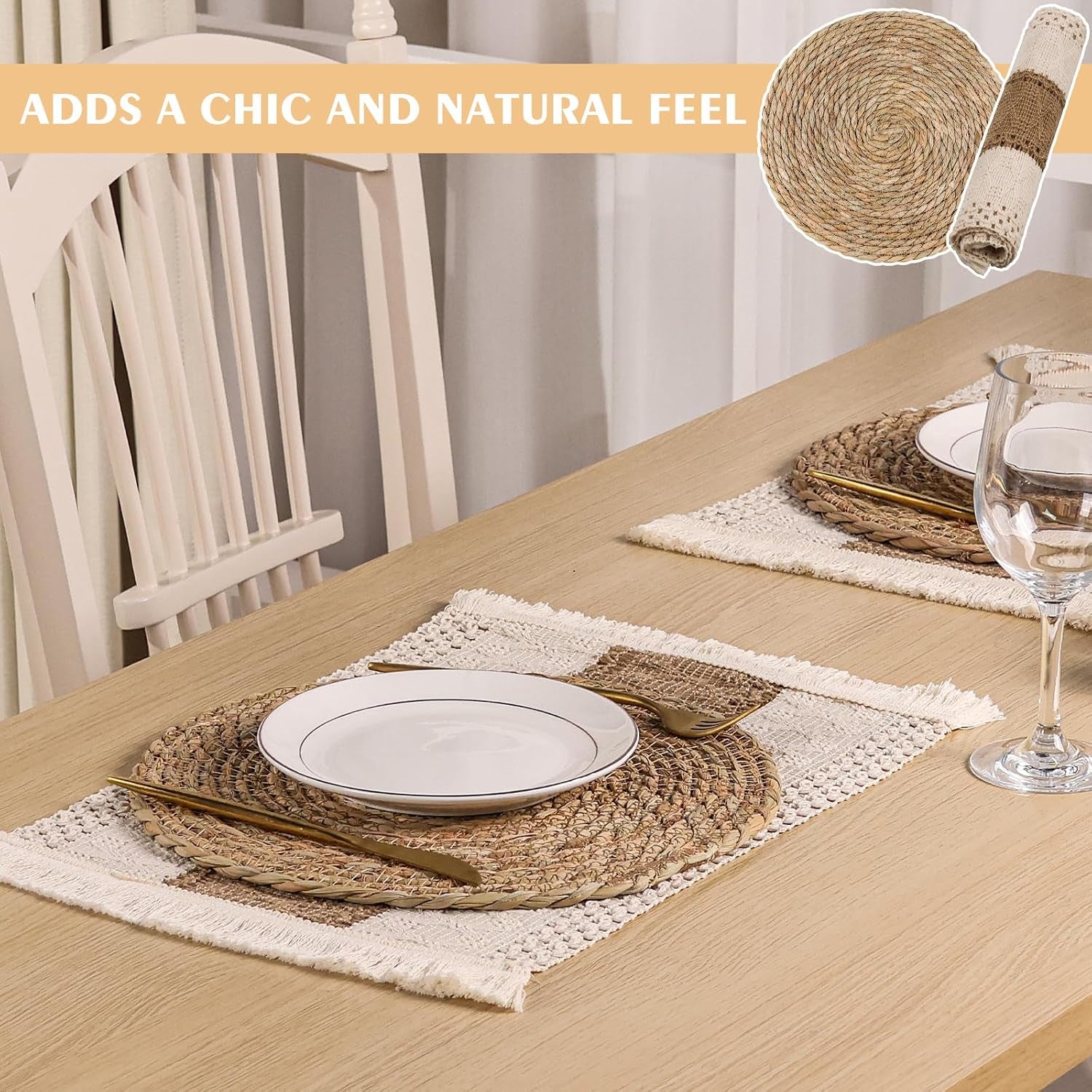 12 Pcs Handmade Boho Placemats Set of 6 Table Mats for Kitchen Dining Table Farmhouse Centerpiece Decor Natural Cotton Burlap and Water Straw Woven Combination Place Mats