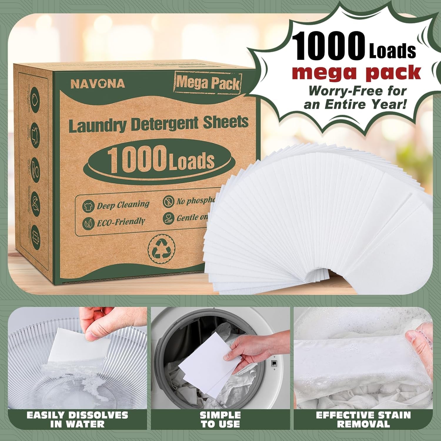 1000 Loads Mega Pack Laundry Detergent Sheets, Eco-Friendly Laundry Sheets, Powerful Cleaning, Suitable for Homes, Dorms, and Apartments - [Fresh Scent]