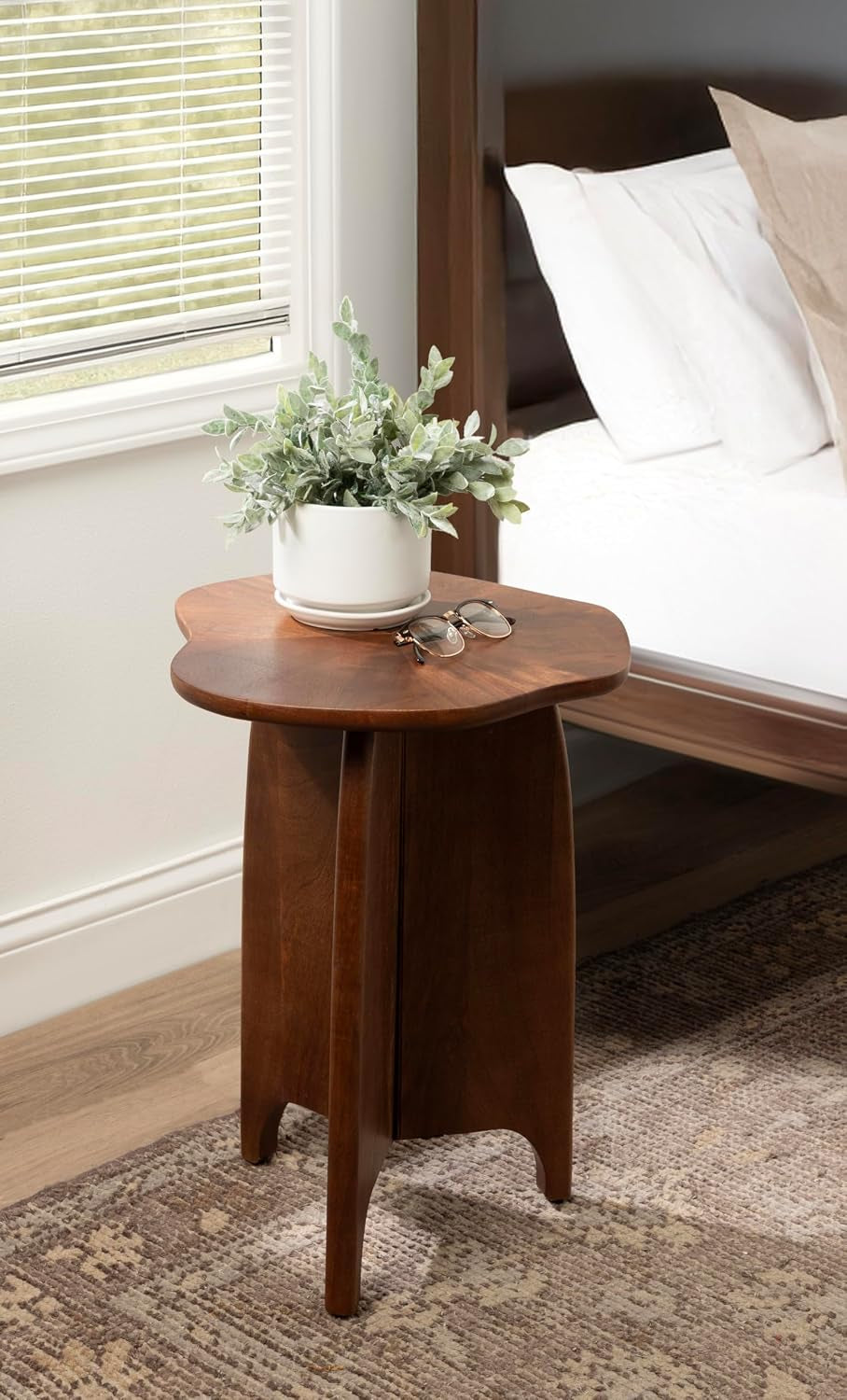 Kanna Modern Wavy Pieced Mango Wood round Side Table, 16 X 16 X 21, Walnut Brown, Mid-Century Scalloped Wooden End Table for Bedroom Nightstand or Living Room Plant Stand Indoors