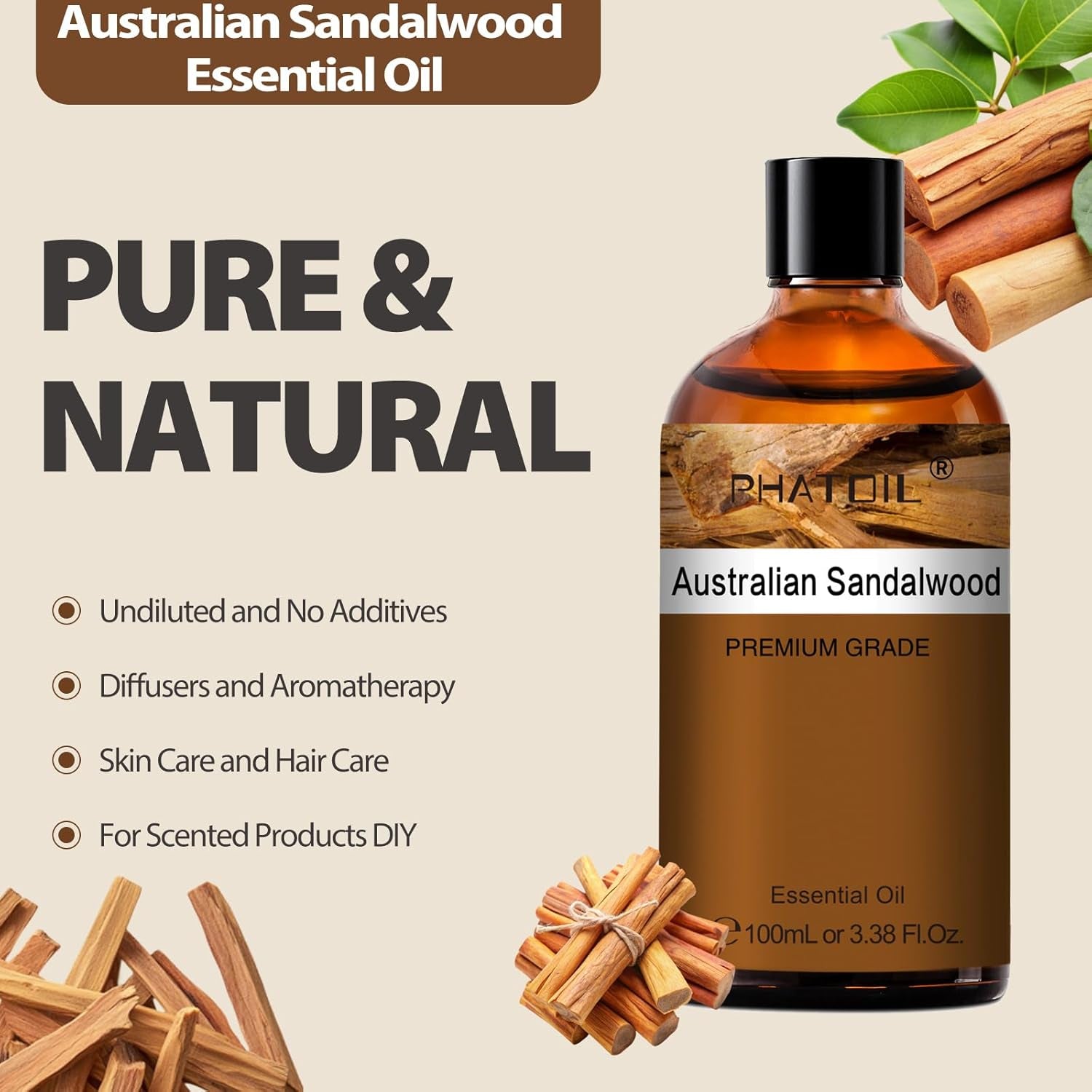 Pure Essential Oil, Pure Oil for Hair Care, Nail Care, Skin Care, Aromatherapy, DIY Candle Soap Making 3.38Fl Oz ( Australian Sandalwood )