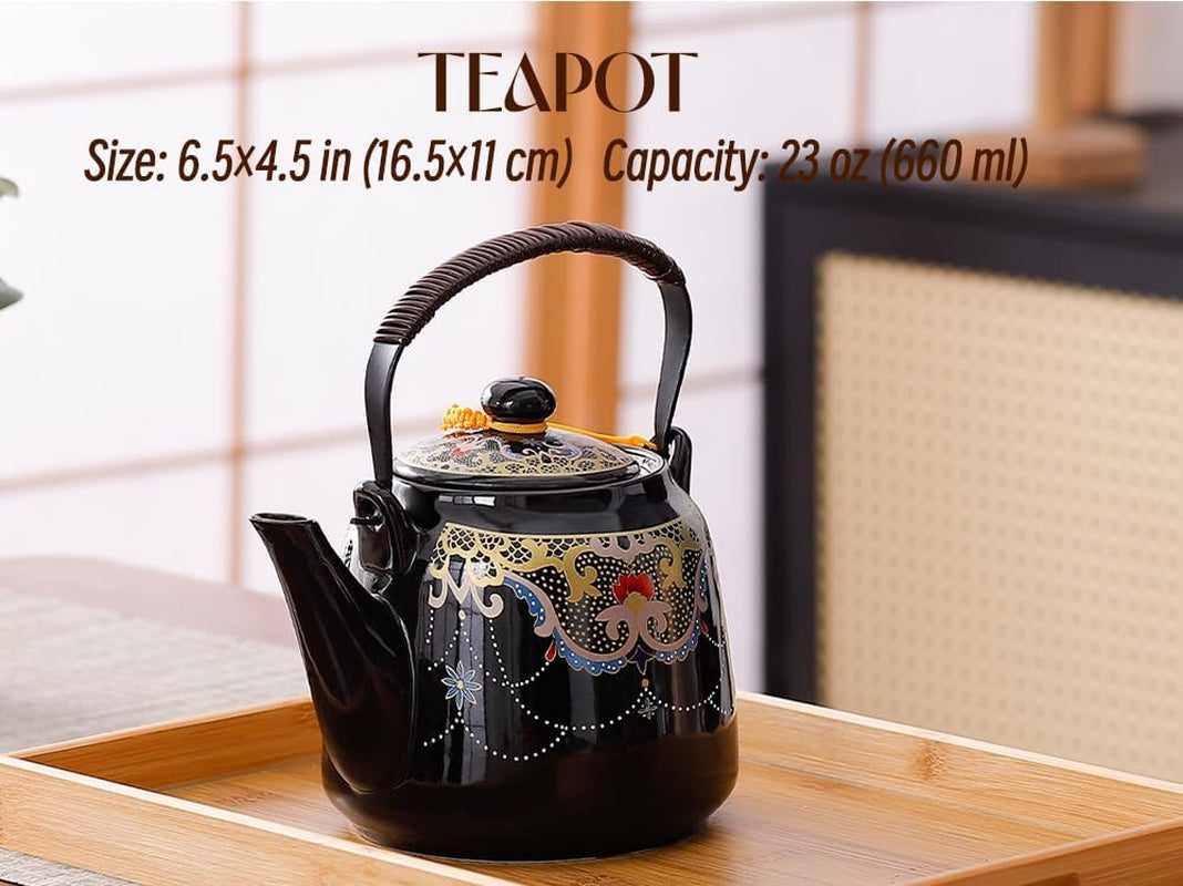 Japanese Tea Set for Adults, Japanese Teapot Set with 1 Teapot (32Oz/920Ml), 6 Tea Cups (4.5Oz/130Ml), 1 Tea Tray, 1 Stainless Infuser, Kiln Altered Glaze Porcelain Tea Set (Jeweled Necklace)