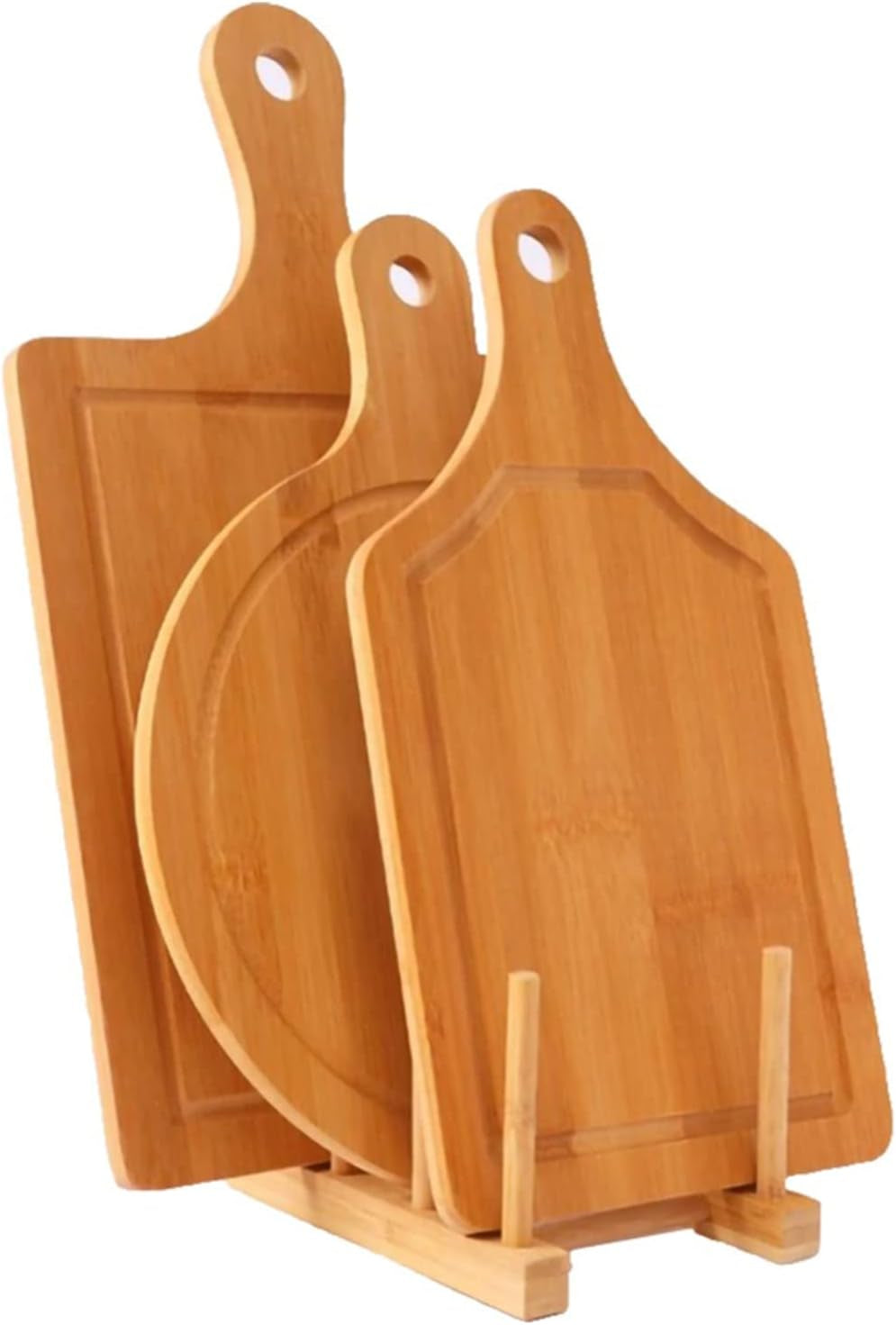 Bamboo Cutting Board Set 3Pcs,Meat Chopping Boards,Pizza Peel Paddle with Handle for Homemade Baking Pizza Bread Cake Fruit Vegetables (3PCS Set- Board)